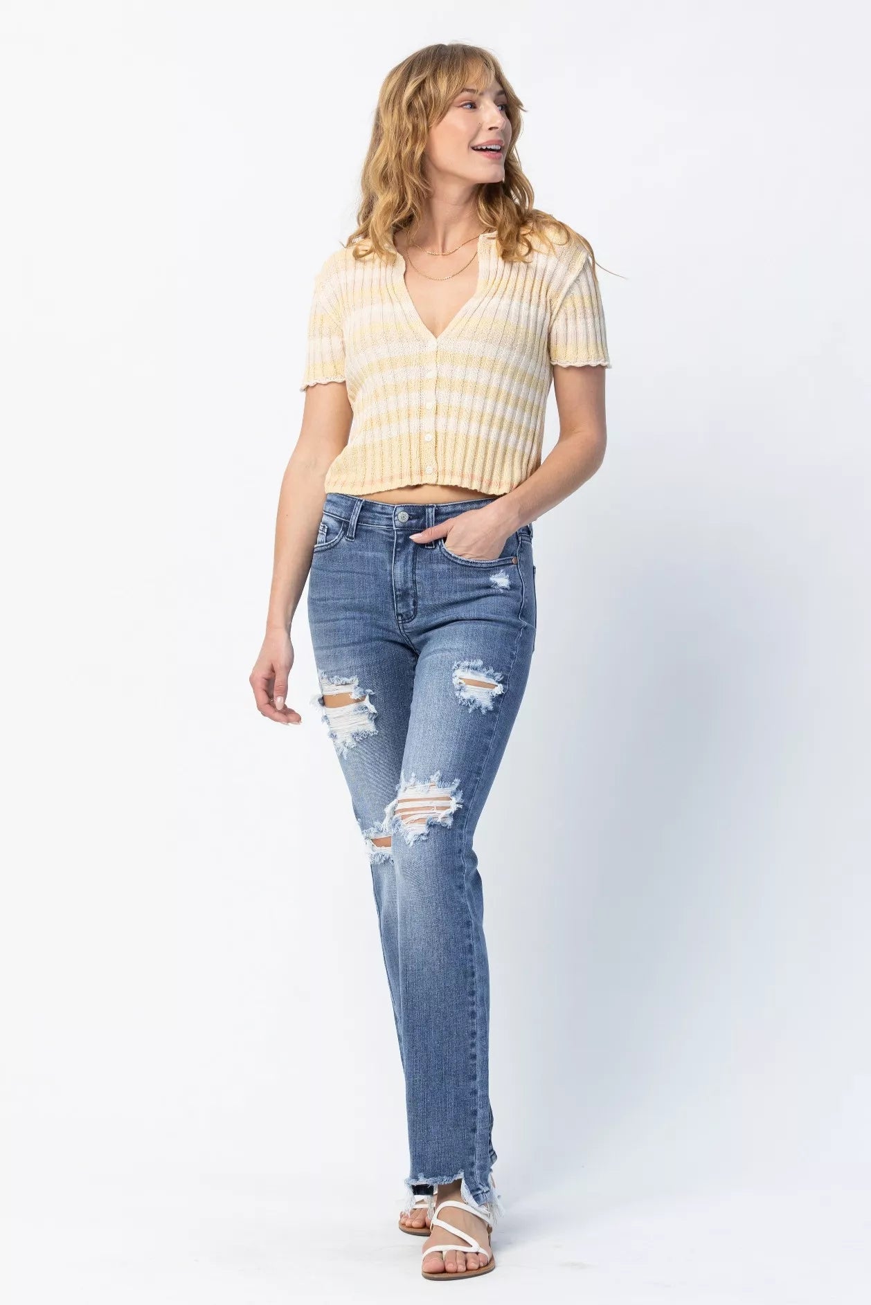 Judy Blue Full Size Mid Rise Destroy Straight Jeans Plus Size by Trendsi