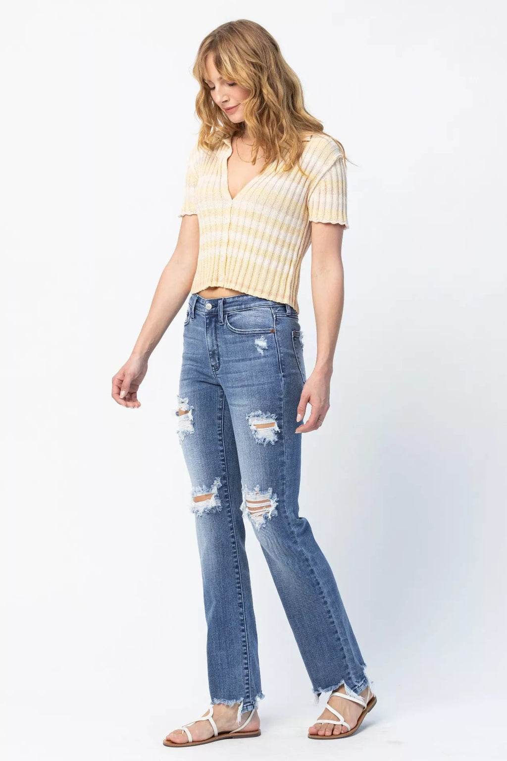 Judy Blue Full Size Mid Rise Destroy Straight Jeans Plus Size by Trendsi