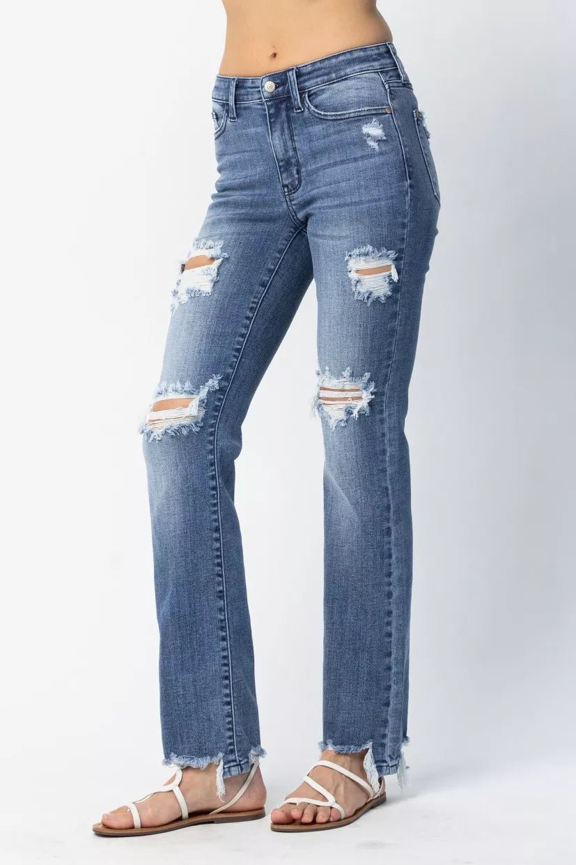 Judy Blue Full Size Mid Rise Destroy Straight Jeans Plus Size by Trendsi