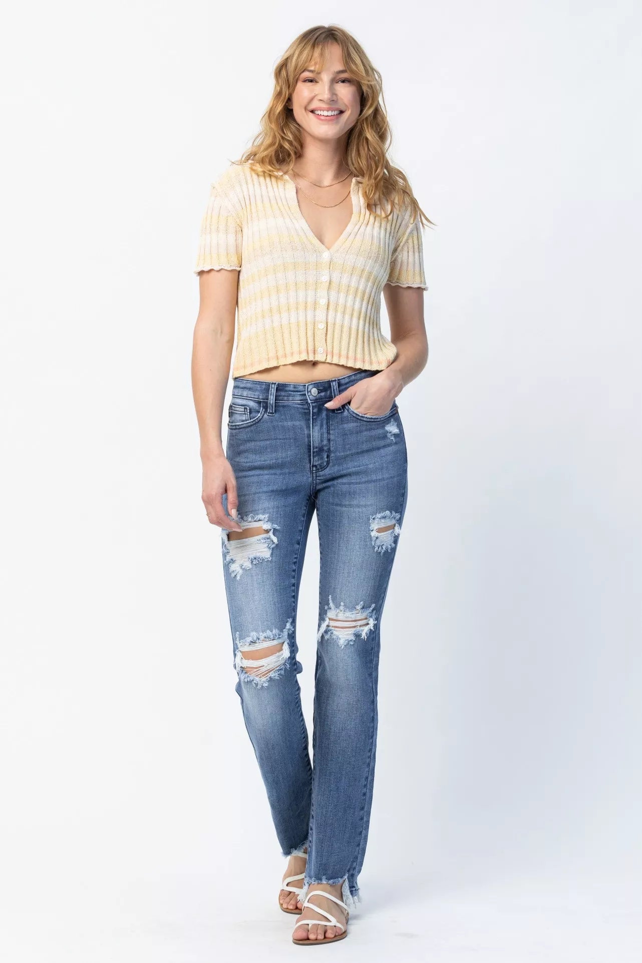 Judy Blue Full Size Mid Rise Destroy Straight Jeans Plus Size by Trendsi