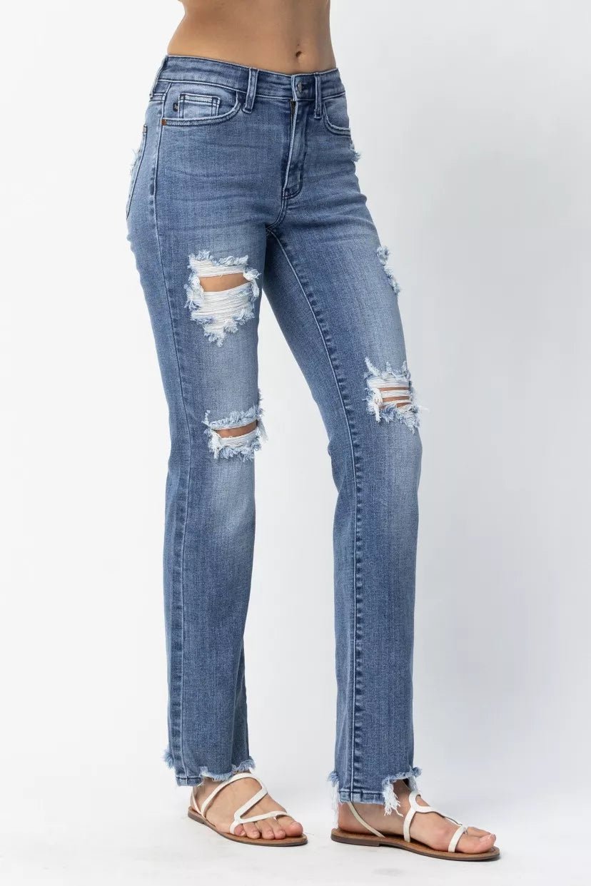 Judy Blue Full Size Mid Rise Destroy Straight Jeans Plus Size by Trendsi