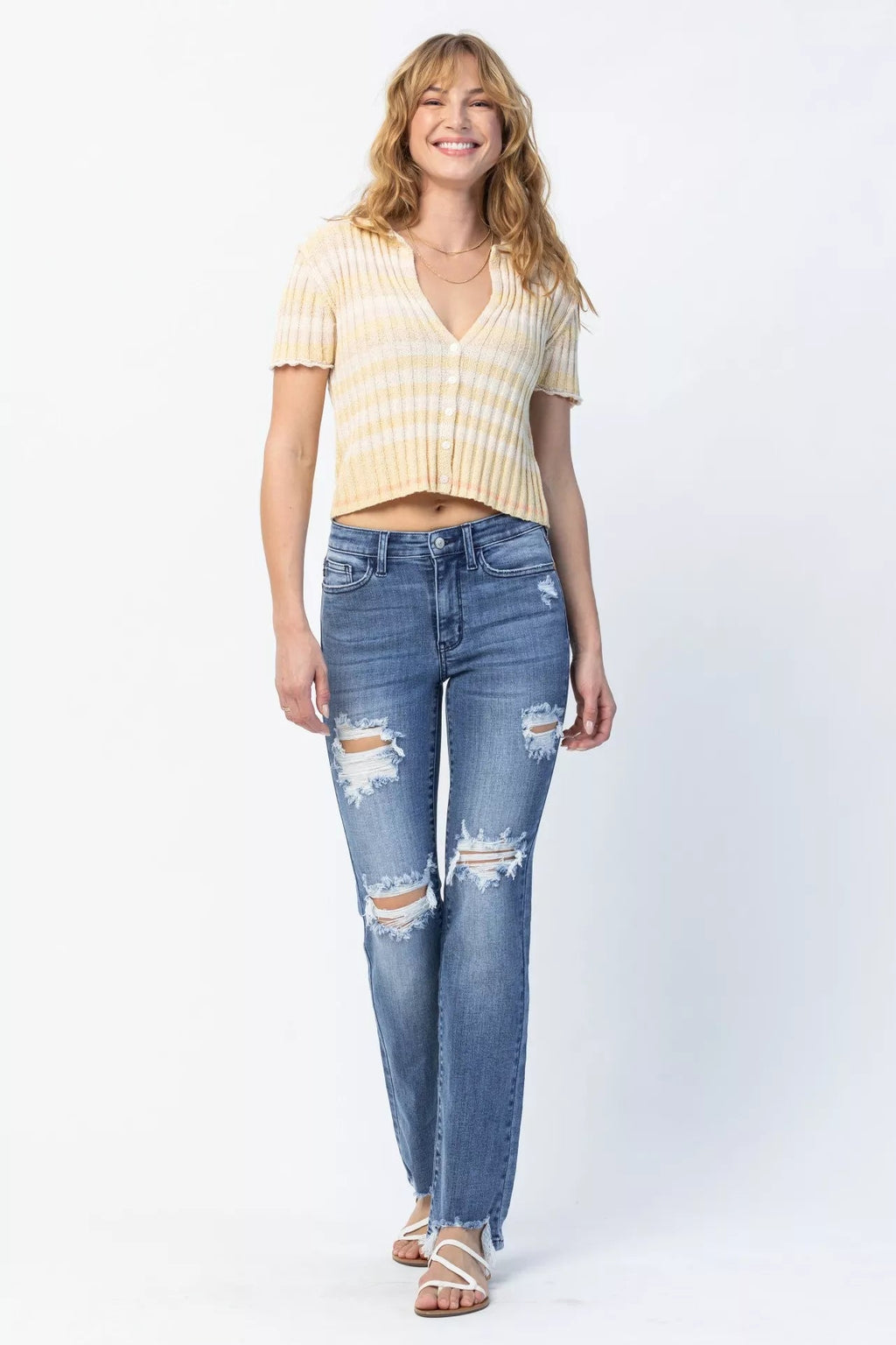 Judy Blue Full Size Mid Rise Destroy Straight Jeans Plus Size by Trendsi