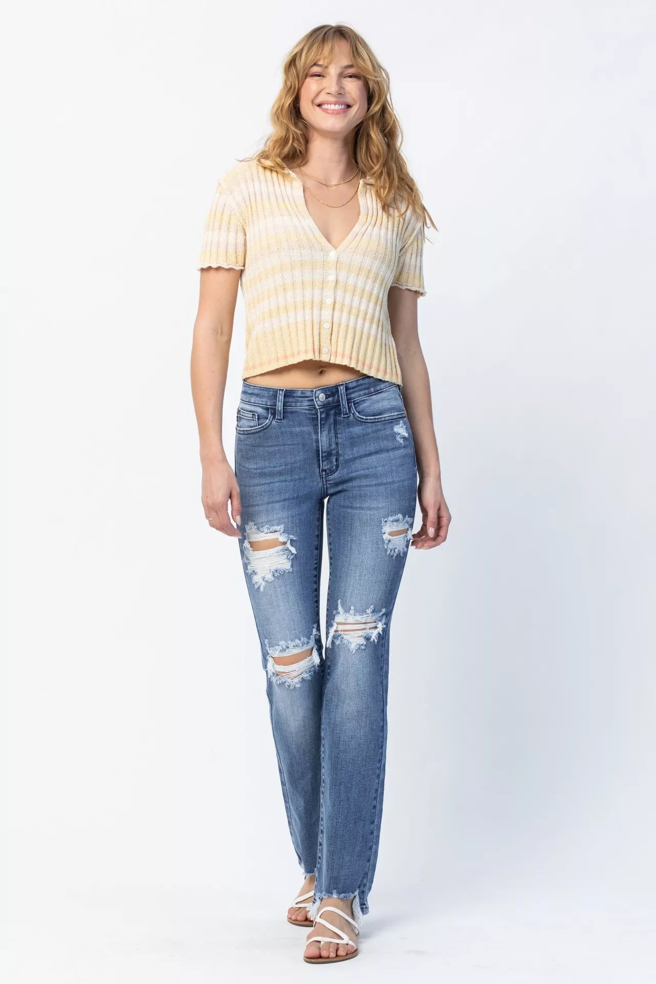 Judy Blue Full Size Mid Rise Destroy Straight Jeans Plus Size by Trendsi