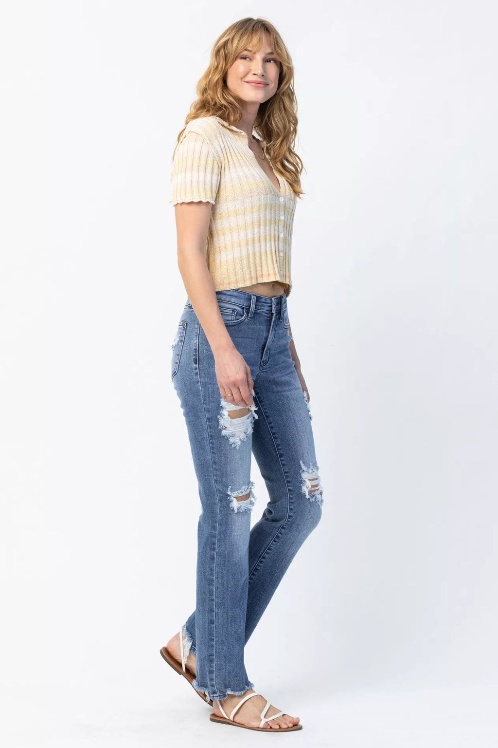 Judy Blue Full Size Mid Rise Destroy Straight Jeans Plus Size by Trendsi