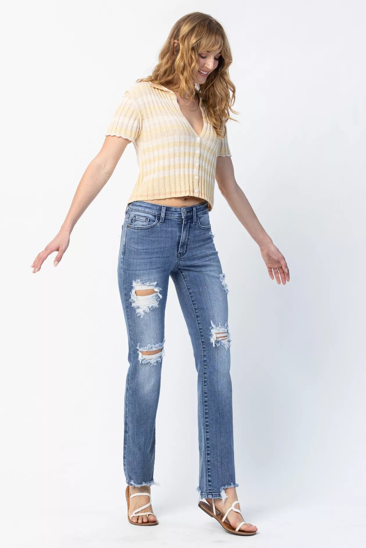 Judy Blue Full Size Mid Rise Destroy Straight Jeans Plus Size by Trendsi