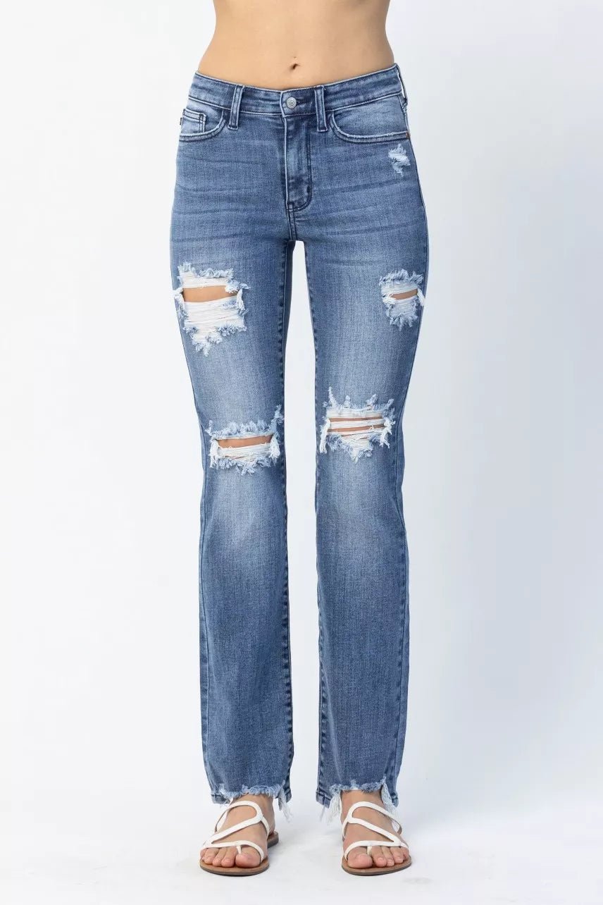 Judy Blue Full Size Mid Rise Destroy Straight Jeans Plus Size by Trendsi