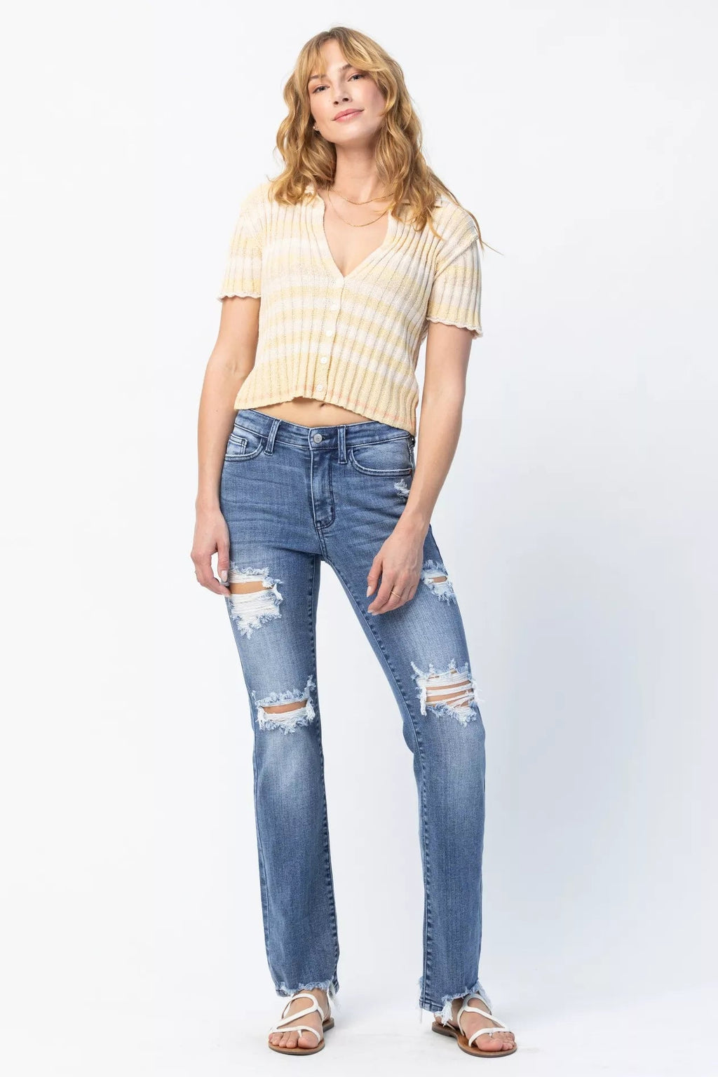 Judy Blue Full Size Mid Rise Destroy Straight Jeans Plus Size by Trendsi