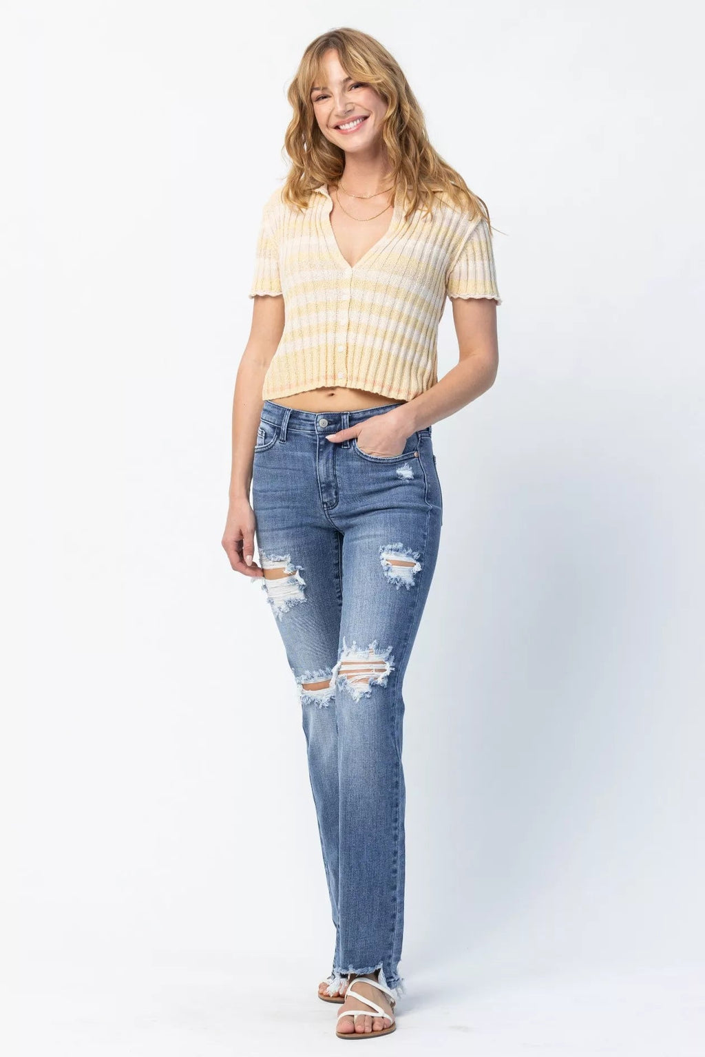 Judy Blue Full Size Mid Rise Destroy Straight Jeans Plus Size by Trendsi