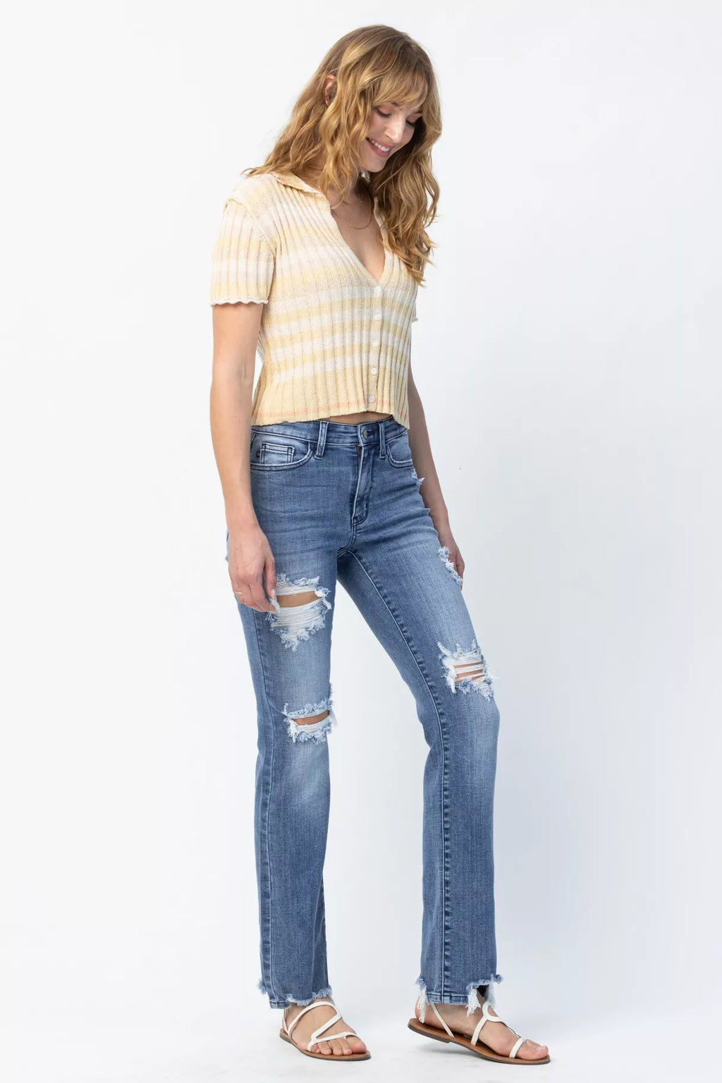 Judy Blue Full Size Mid Rise Destroy Straight Jeans Plus Size by Trendsi