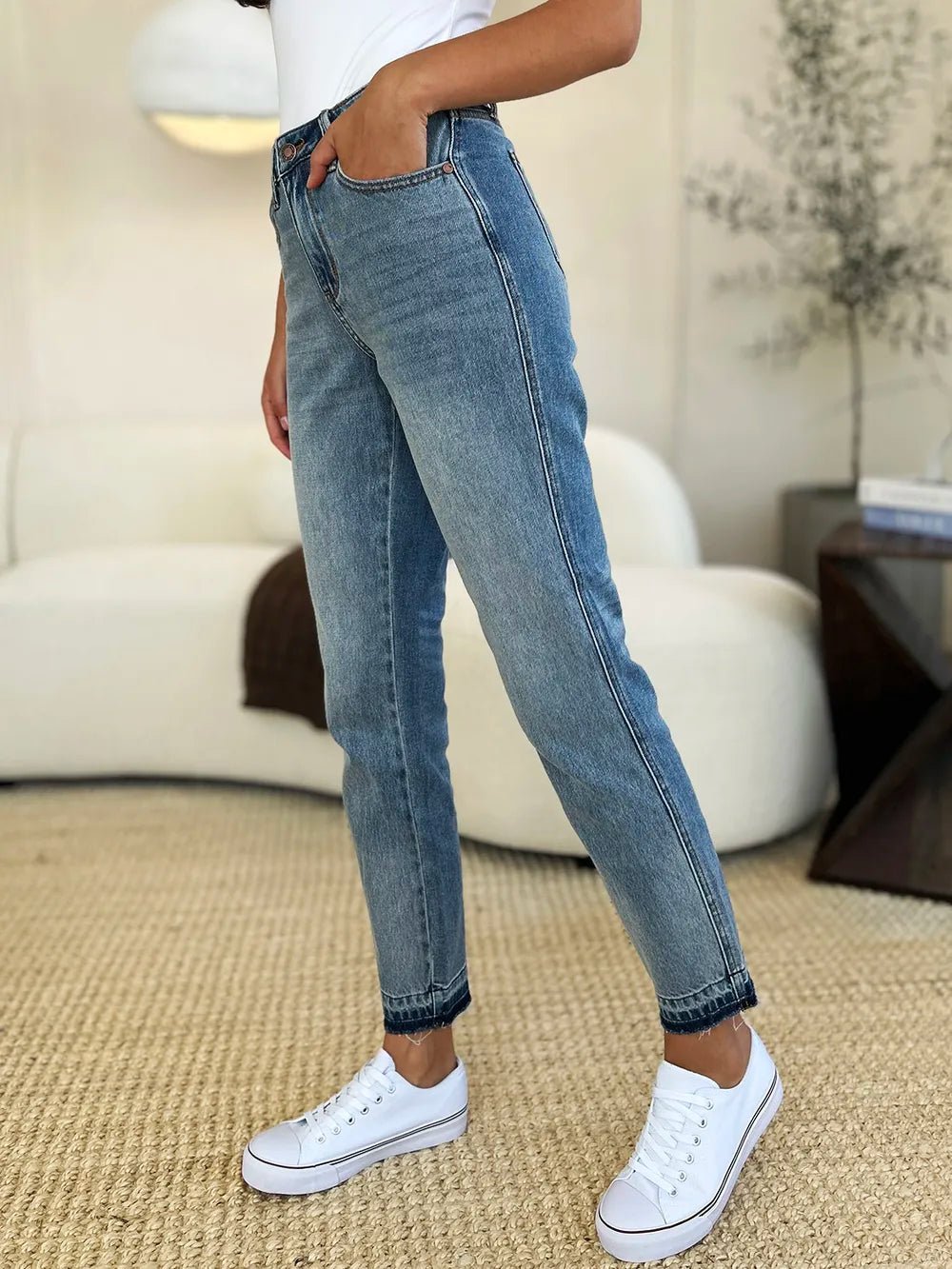 Judy Blue Full Size Mid Rise Rigid Magic Release Hem Jeans by Trendsi