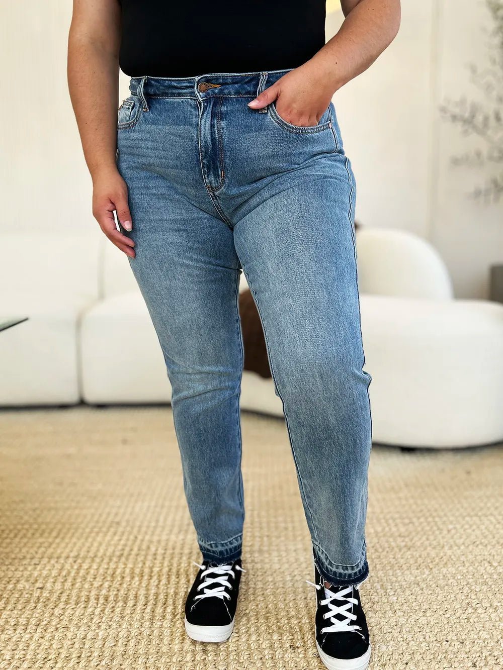 Judy Blue Full Size Mid Rise Rigid Magic Release Hem Jeans by Trendsi