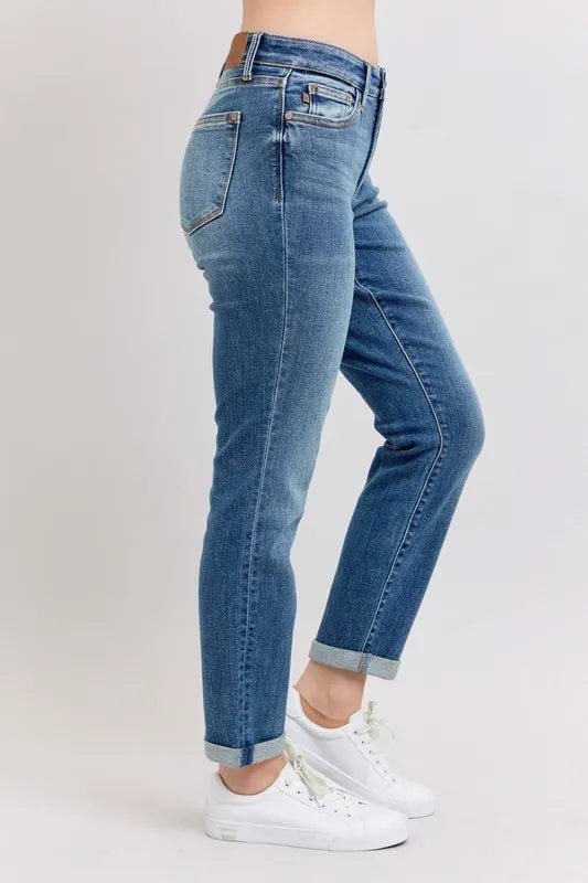 Judy Blue Full Size Mid Rise Skinny Cuff Jeans with Pockets Plus Size - Grace & Grit Boutique