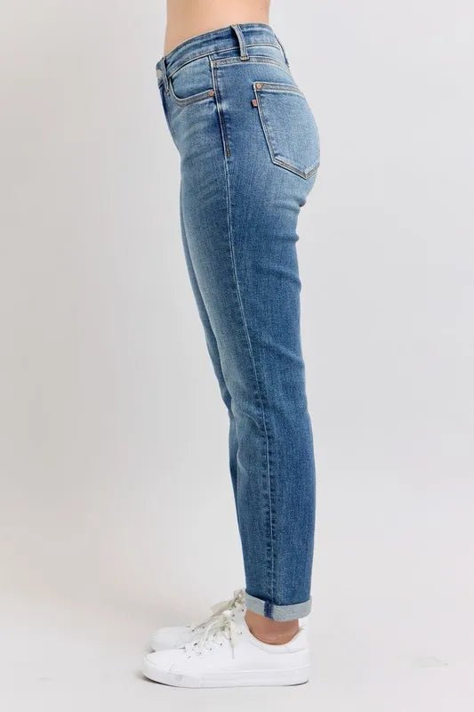 Judy Blue Full Size Mid Rise Skinny Cuff Jeans with Pockets Plus Size - Grace & Grit Boutique
