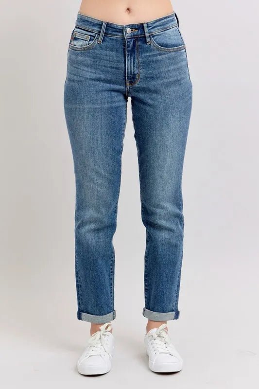 Judy Blue Full Size Mid Rise Skinny Cuff Jeans with Pockets Plus Size - Grace & Grit Boutique