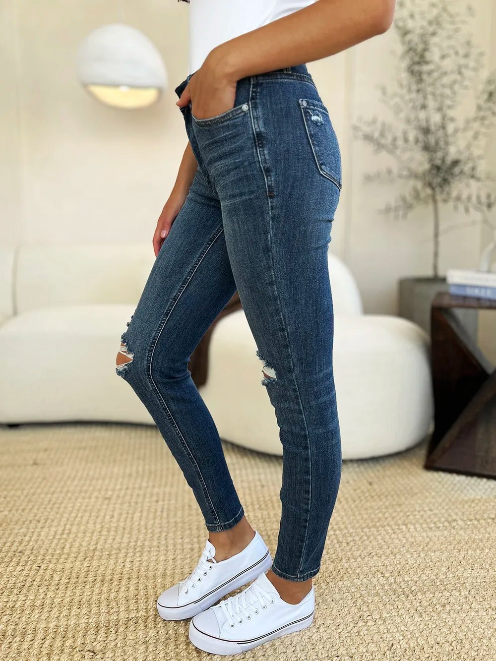 Judy Blue Full Size Mid Waist Distressed Slim Jeans - Grace & Grit Boutique