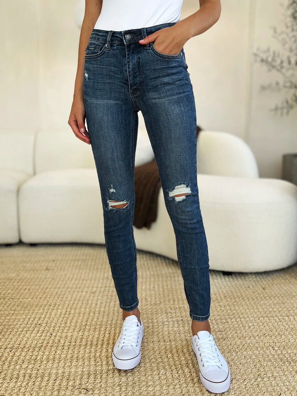 Judy Blue Full Size Mid Waist Distressed Slim Jeans - Grace & Grit Boutique