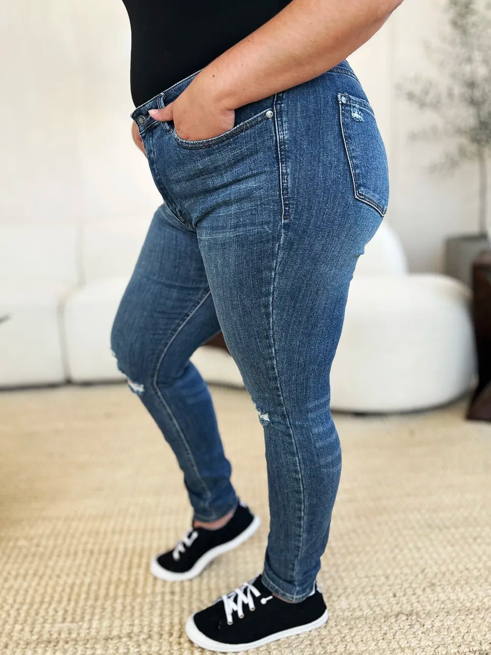 Judy Blue Full Size Mid Waist Distressed Slim Jeans - Grace & Grit Boutique