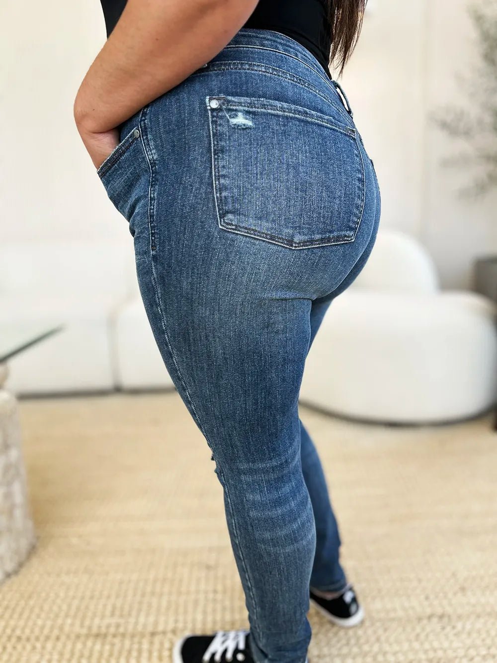 Judy Blue Full Size Mid Waist Distressed Slim Jeans - Grace & Grit Boutique