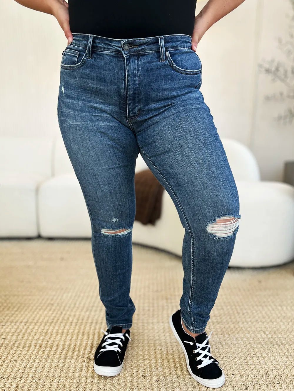 Judy Blue Full Size Mid Waist Distressed Slim Jeans - Grace & Grit Boutique