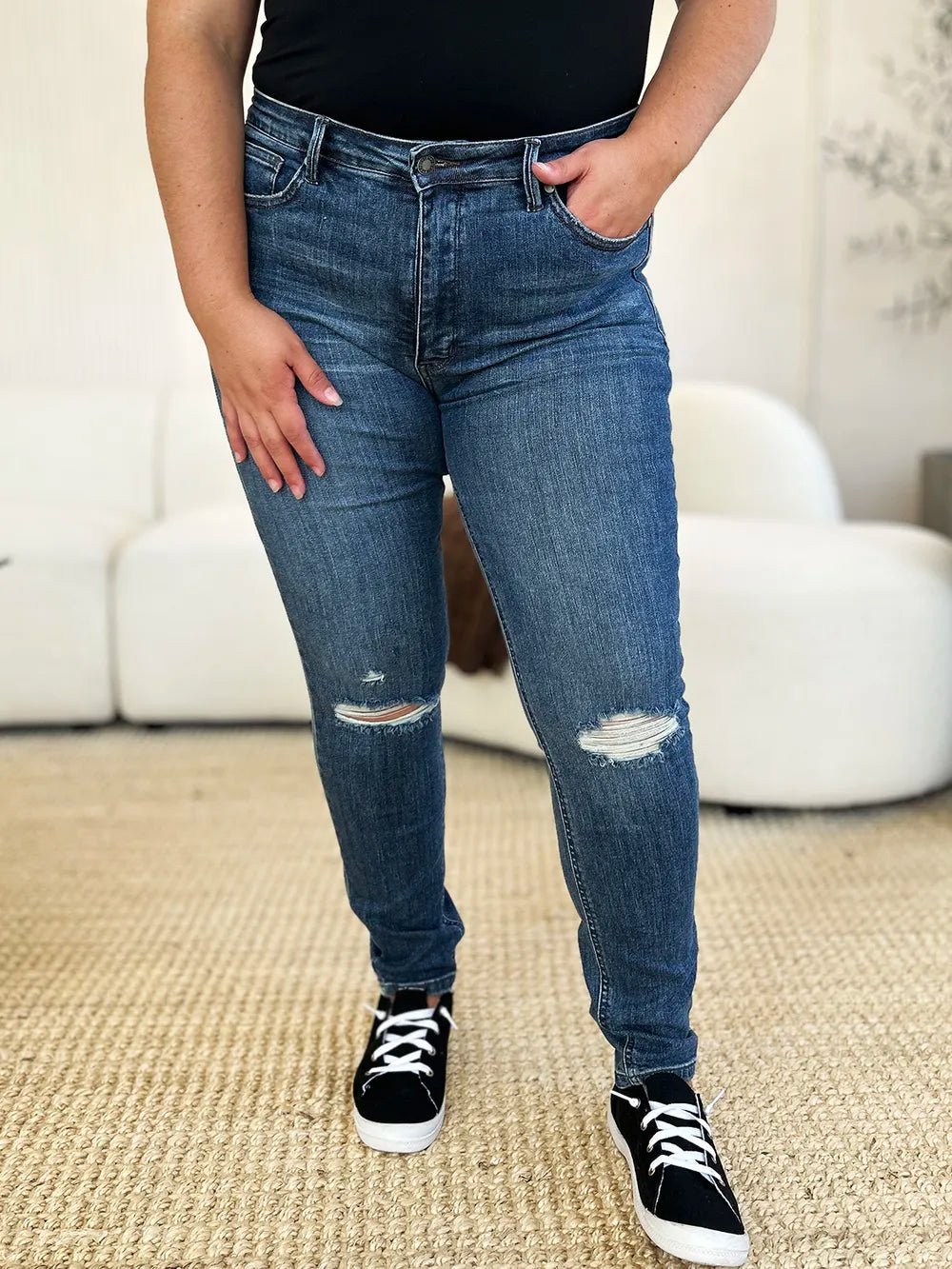 Judy Blue Full Size Mid Waist Distressed Slim Jeans - Grace & Grit Boutique