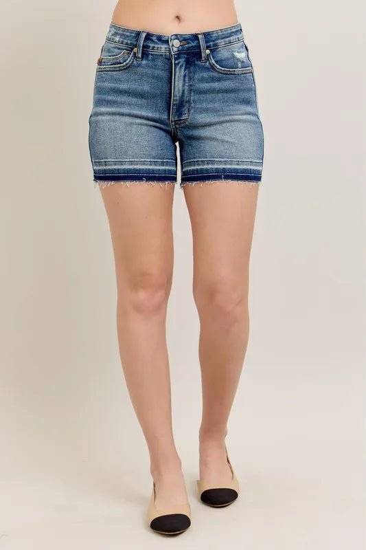 Judy Blue Full Size Mr Tummy Control Vintage Wash Release Hem Shorts Plus Size by Trendsi