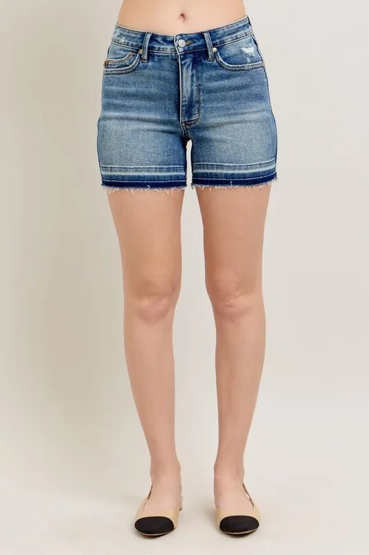 Judy Blue Full Size Mr Tummy Control Vintage Wash Release Hem Shorts Plus Size by Trendsi