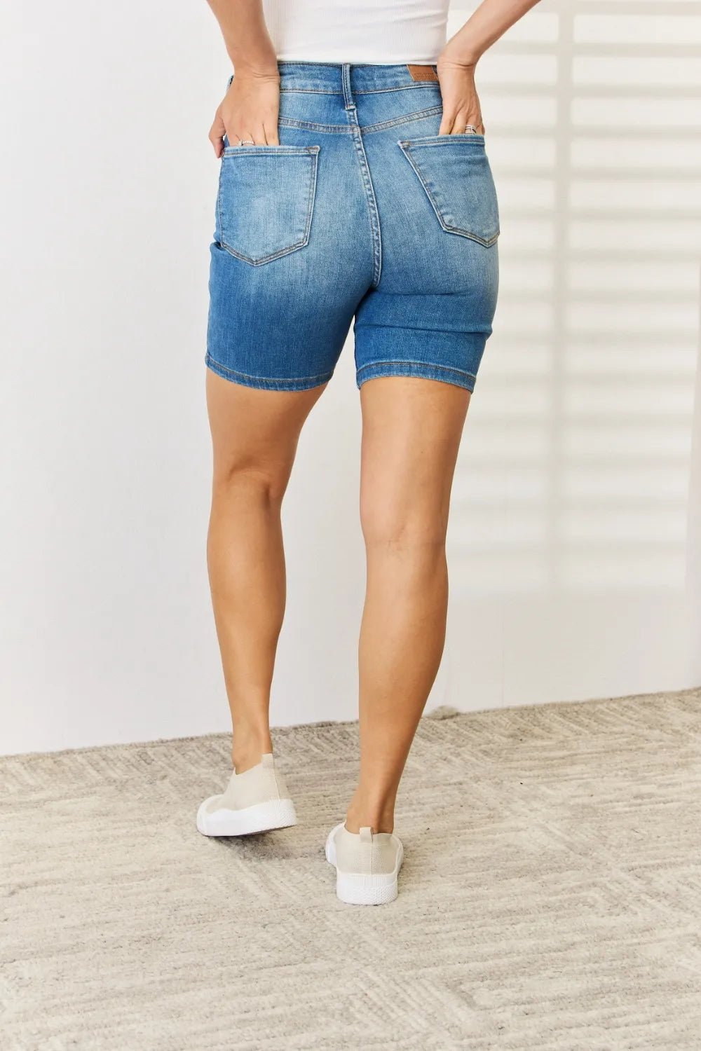 Judy Blue Full Size Tummy Control Double Button Bermuda Denim Shorts - Grace & Grit Boutique