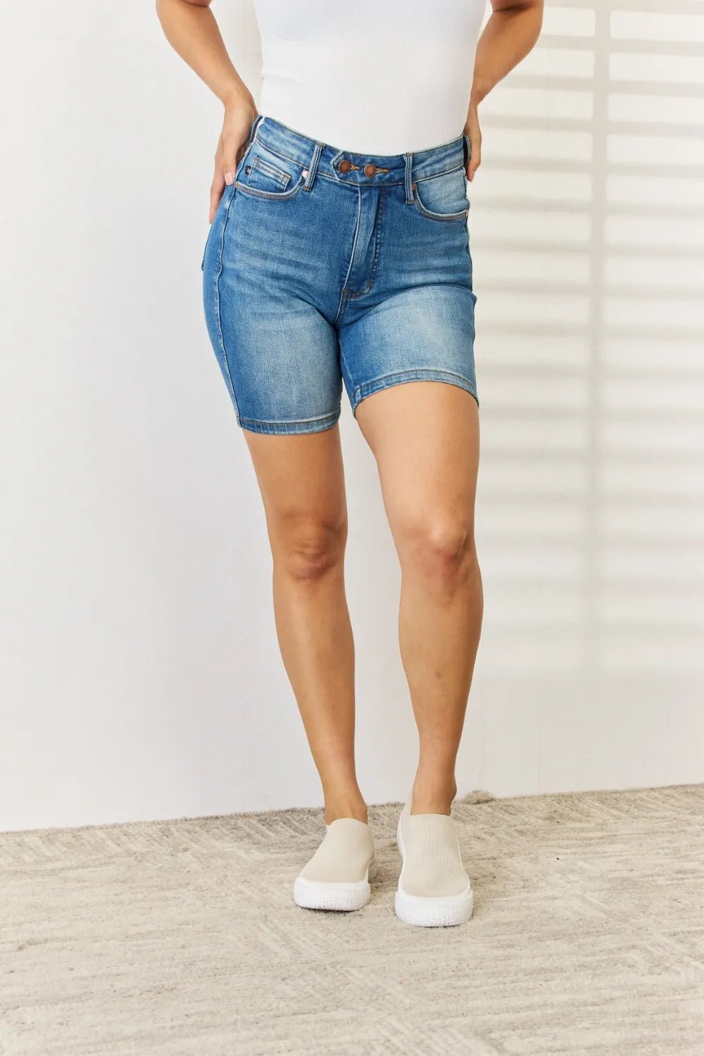 Judy Blue Full Size Tummy Control Double Button Bermuda Denim Shorts - Grace & Grit Boutique
