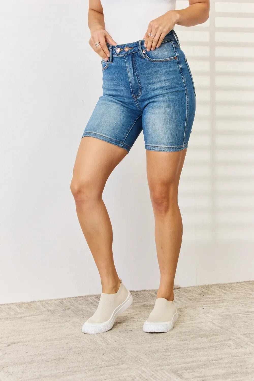 Judy Blue Full Size Tummy Control Double Button Bermuda Denim Shorts - Grace & Grit Boutique