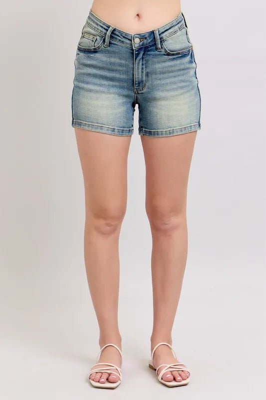 Judy Blue Full Size V-Front Vintage Wash Shorts Plus Size by Trendsi