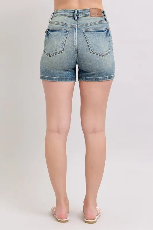 Judy Blue Full Size V-Front Vintage Wash Shorts Plus Size by Trendsi