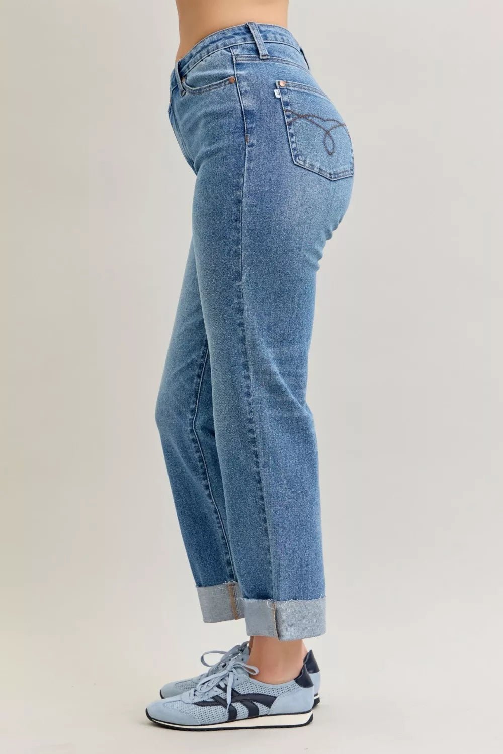 Judy Blue High Waist Bf Criss - cross Mild Destroy Jeans with Single Cuff - Grace & Grit Boutique