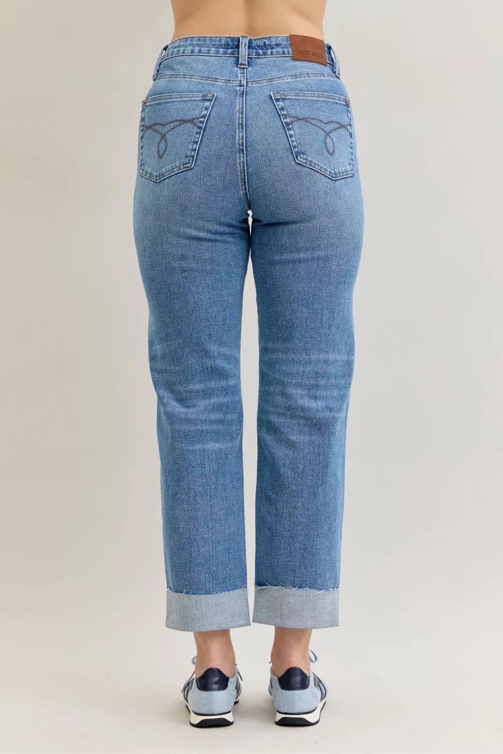 Judy Blue High Waist Bf Criss - cross Mild Destroy Jeans with Single Cuff - Grace & Grit Boutique