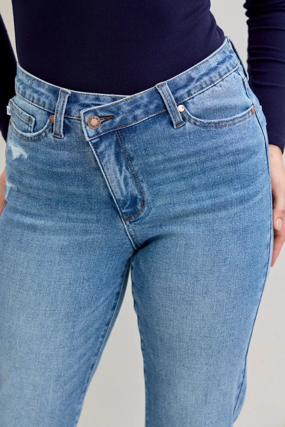 Judy Blue High Waist Bf Criss - cross Mild Destroy Jeans with Single Cuff - Grace & Grit Boutique
