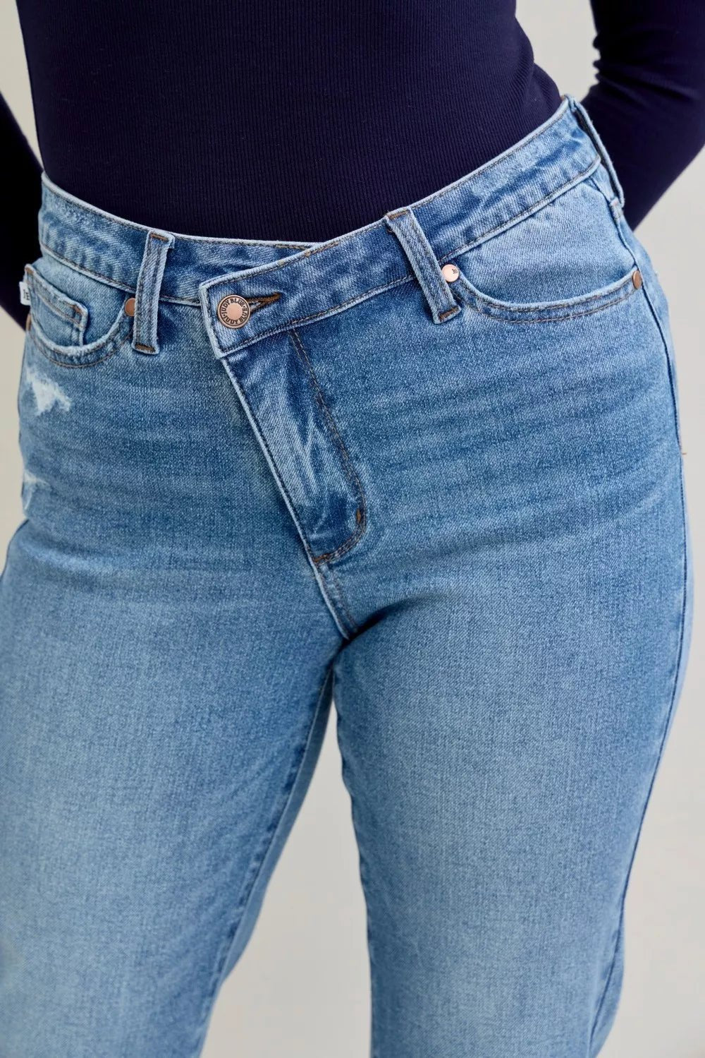 Judy Blue High Waist Bf Criss - cross Mild Destroy Jeans with Single Cuff - Grace & Grit Boutique