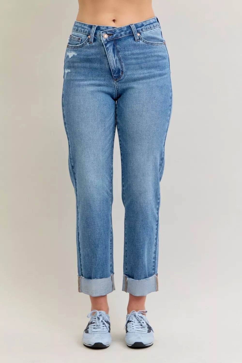 Judy Blue High Waist Bf Criss - cross Mild Destroy Jeans with Single Cuff - Grace & Grit Boutique