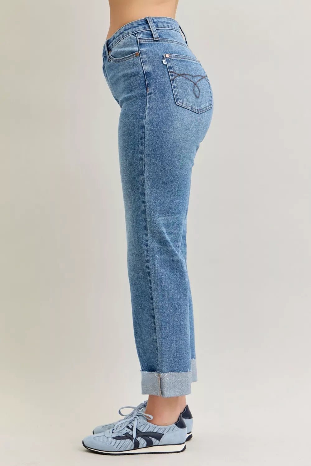 Judy Blue High Waist Bf Criss - cross Mild Destroy Jeans with Single Cuff - Grace & Grit Boutique