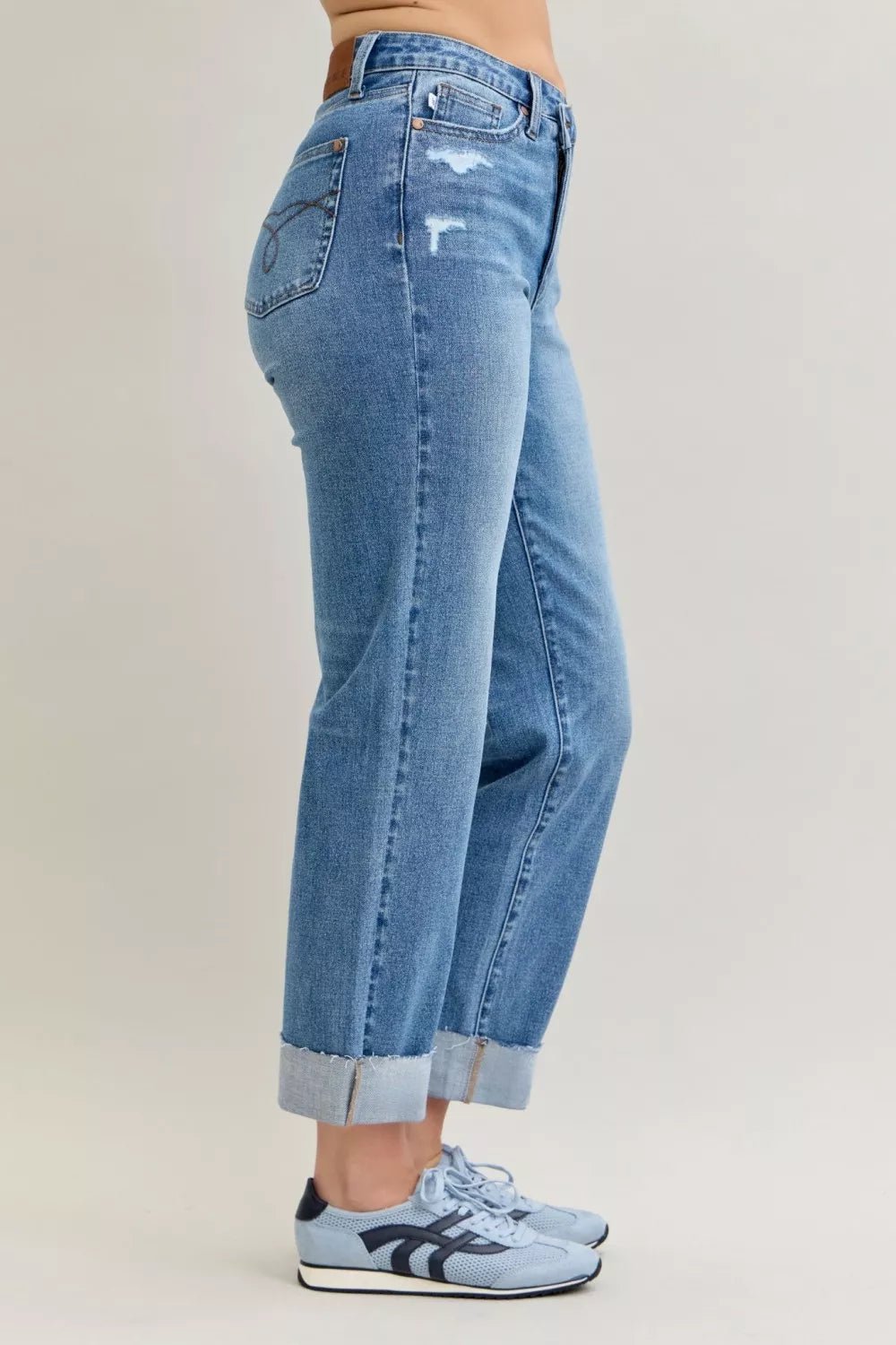 Judy Blue High Waist Bf Criss - cross Mild Destroy Jeans with Single Cuff - Grace & Grit Boutique