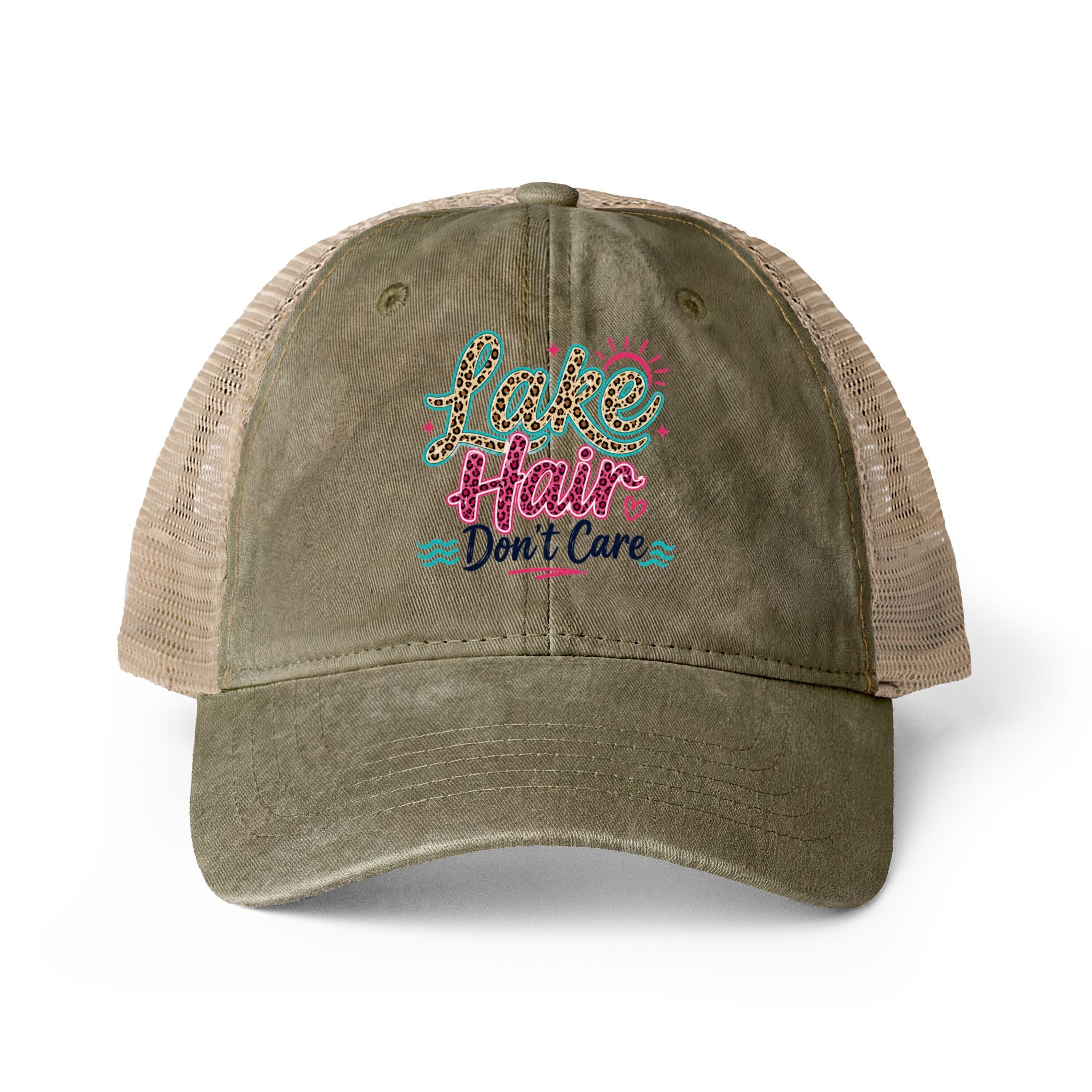 Lake Hair Don’t Care Leopard Print Trucker Hat by Printify