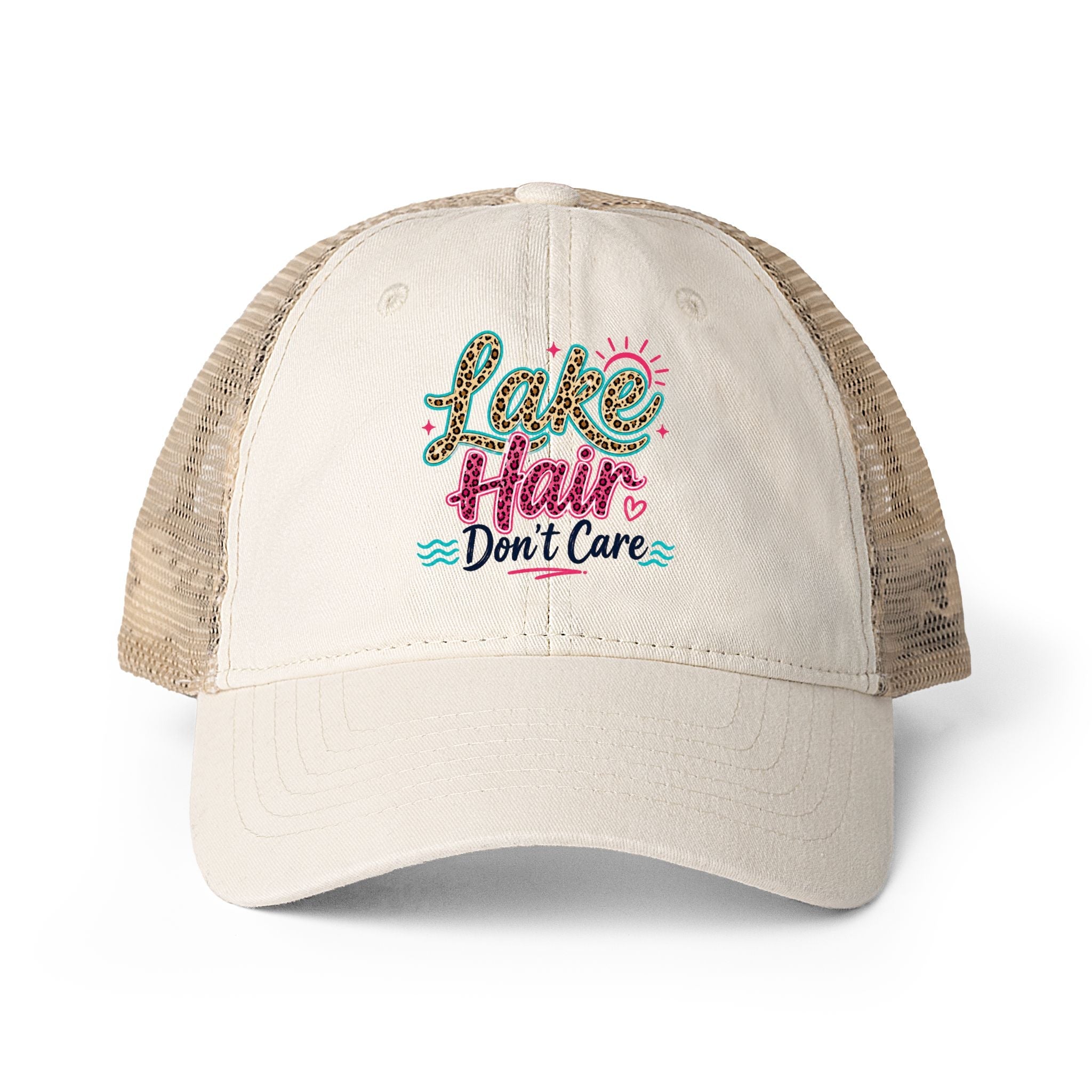 Lake Hair Don’t Care Leopard Print Trucker Hat by Printify
