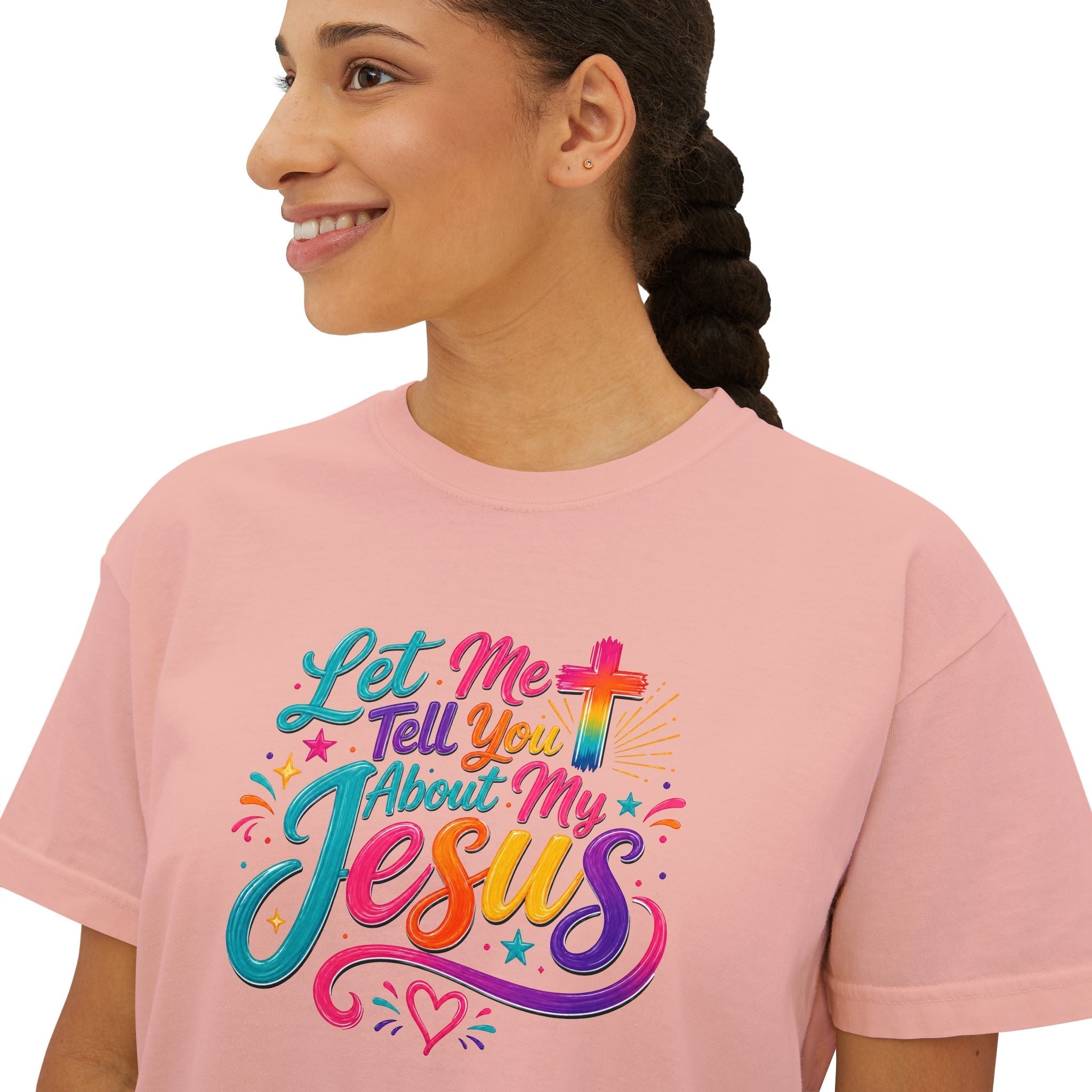 Let Me Tell You About My Jesus Women's Faith Boxy T-shirt by Printify