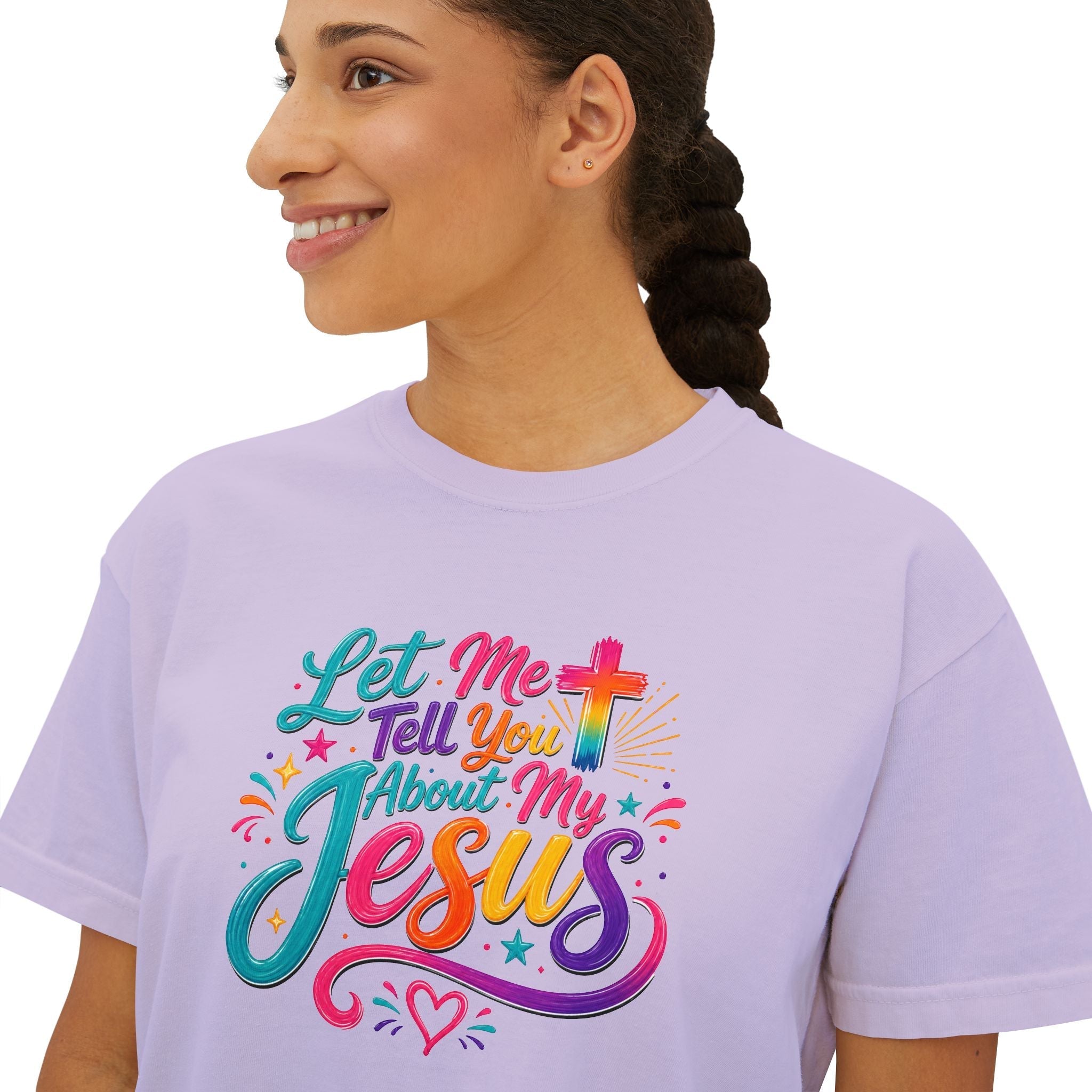 Let Me Tell You About My Jesus Women's Faith Boxy T-shirt by Printify