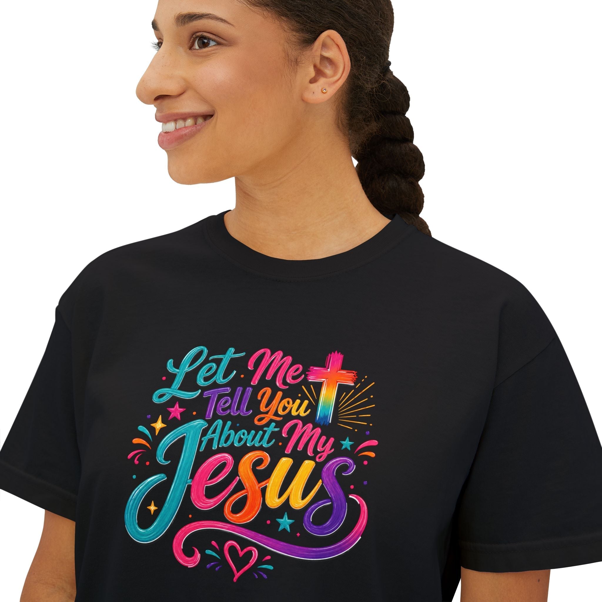 Let Me Tell You About My Jesus Women's Faith Boxy T-shirt by Printify