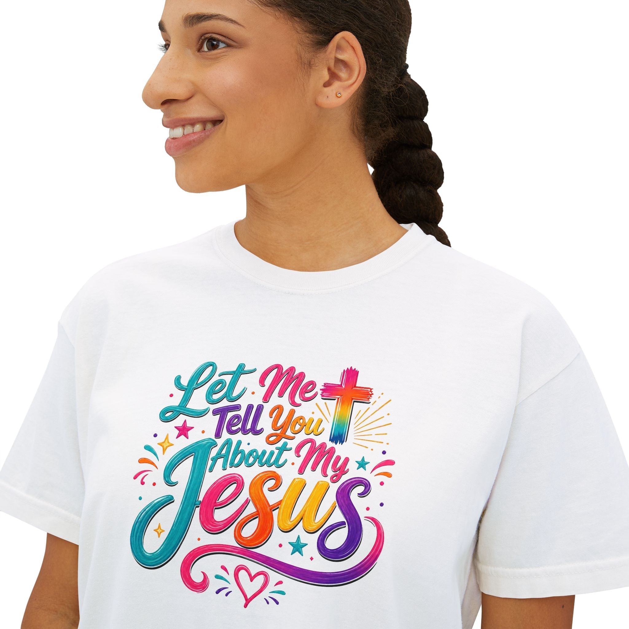 Let Me Tell You About My Jesus Women's Faith Boxy T-shirt by Printify