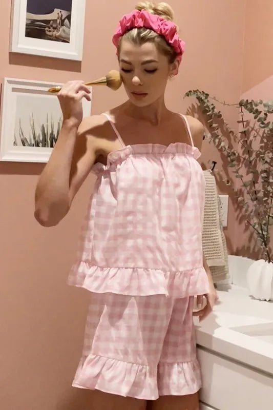Lime 'N' Chili Gingham Ruffle Trim Cami and Shorts Pajama Set - Grace & Grit Boutique