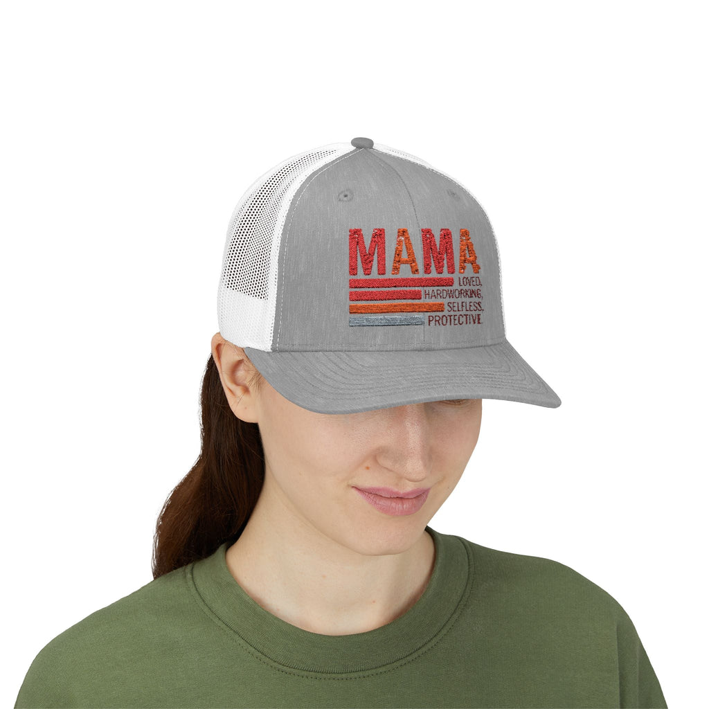 Mama Trucker Cap — Retro Stripes "Mama: Loved, Hardworking, Selfless, Protective" - Grace & Grit Boutique
