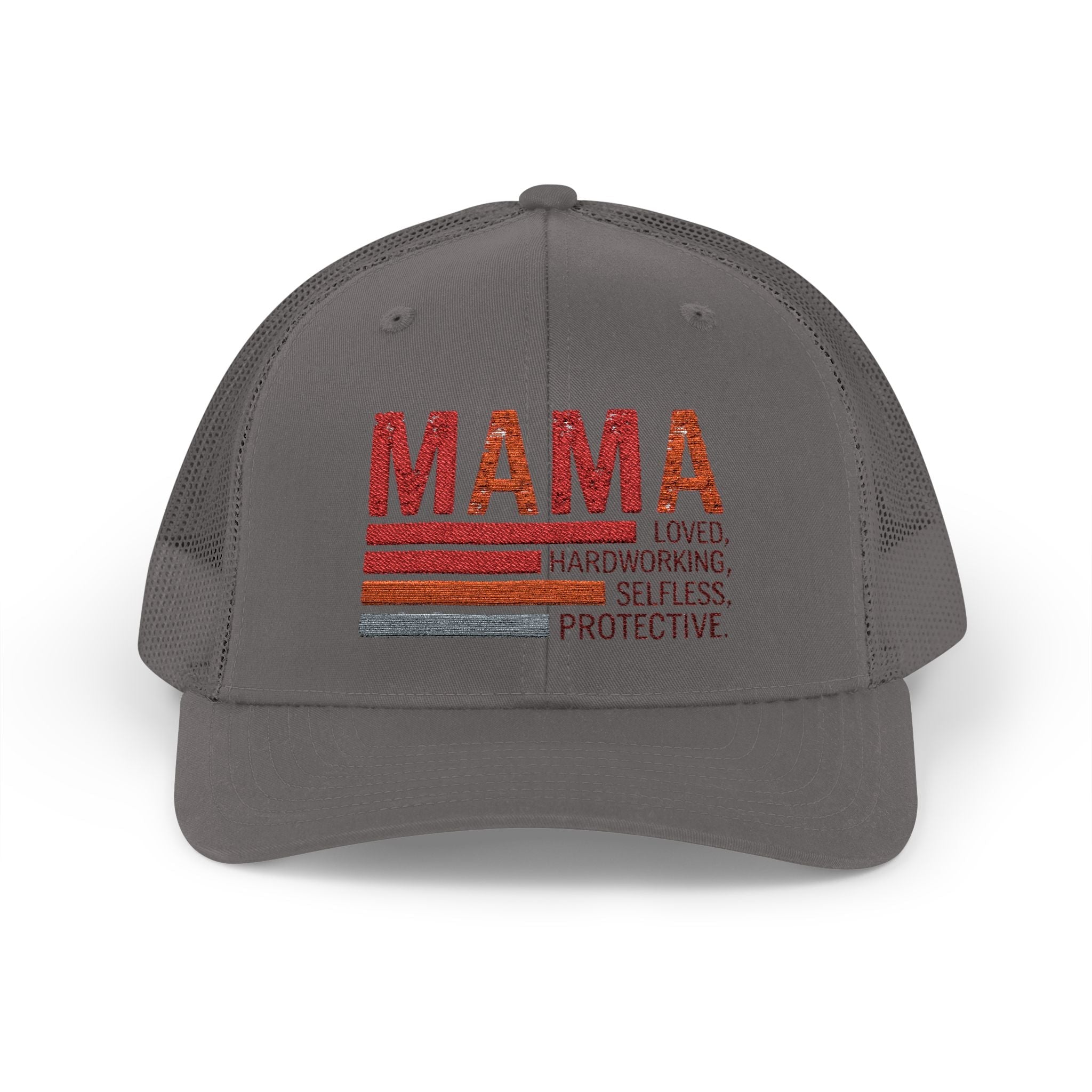 Mama Trucker Cap — Retro Stripes "Mama: Loved, Hardworking, Selfless, Protective" - Grace & Grit Boutique