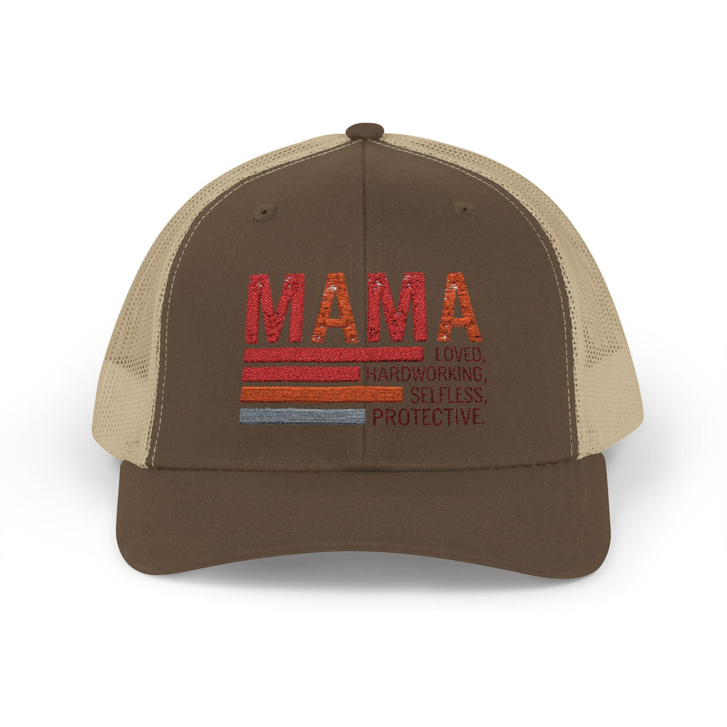 Mama Trucker Cap — Retro Stripes "Mama: Loved, Hardworking, Selfless, Protective" - Grace & Grit Boutique
