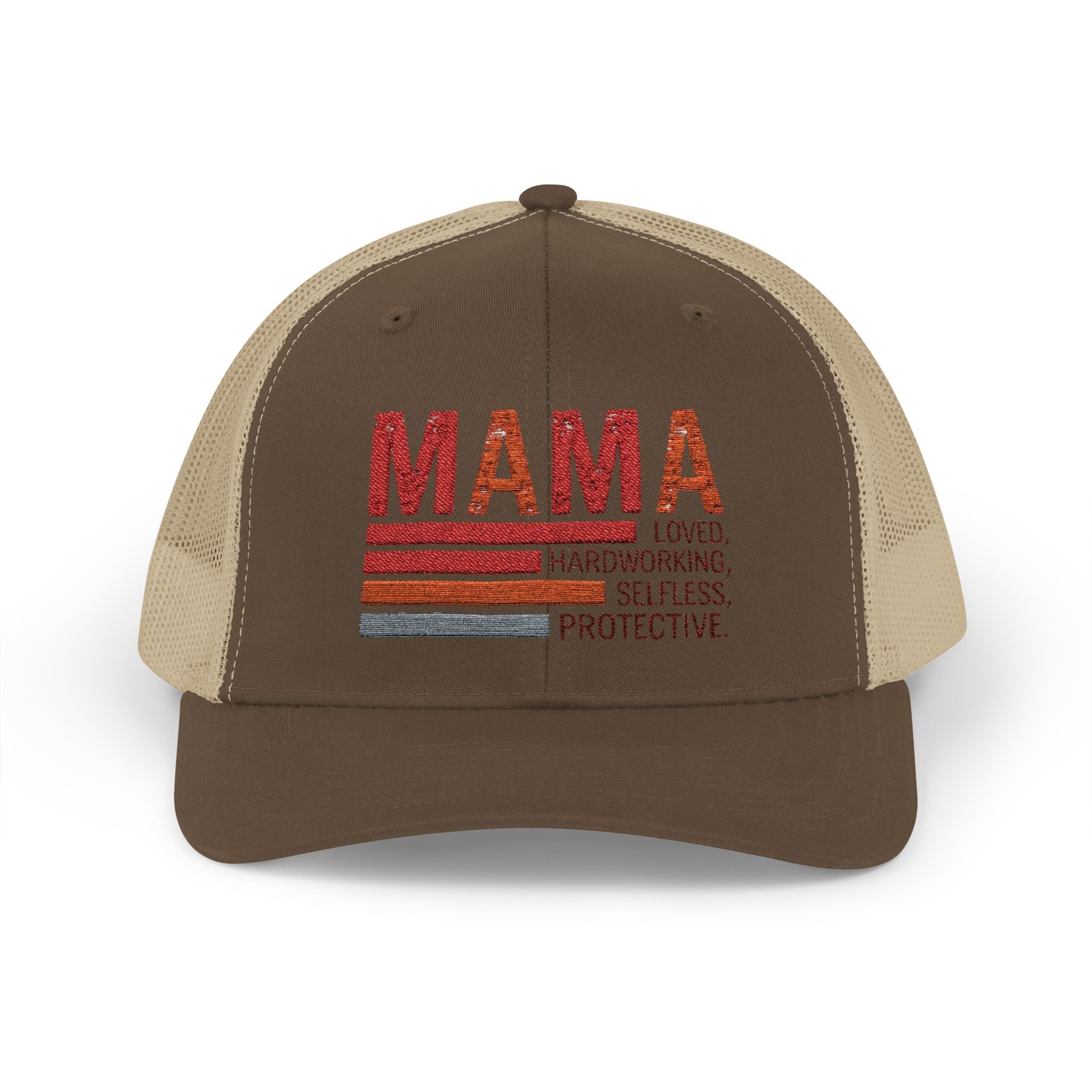 Mama Trucker Cap — Retro Stripes "Mama: Loved, Hardworking, Selfless, Protective" - Grace & Grit Boutique