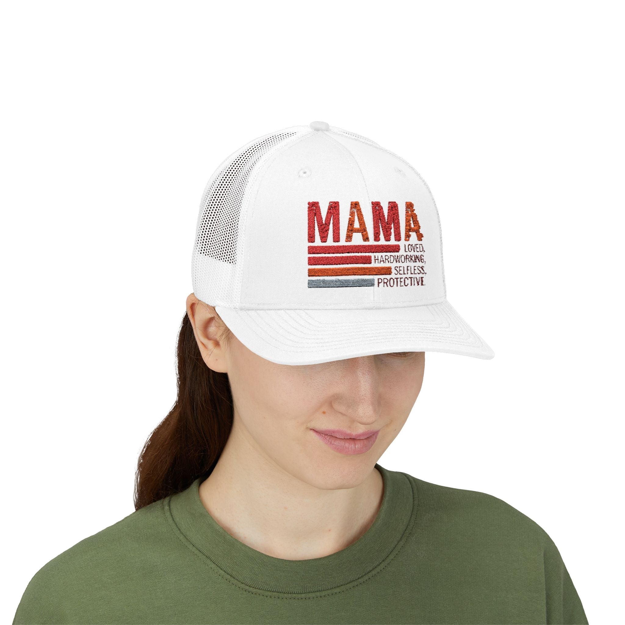 Mama Trucker Cap — Retro Stripes "Mama: Loved, Hardworking, Selfless, Protective" - Grace & Grit Boutique